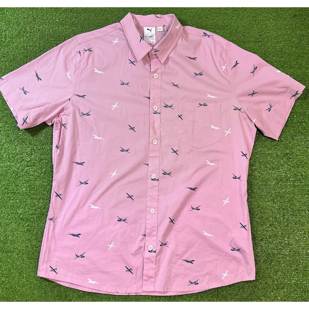 Puma Arnold Palmer Shirt LG Pink Button Up Citation Print Airplane AOP Preppy